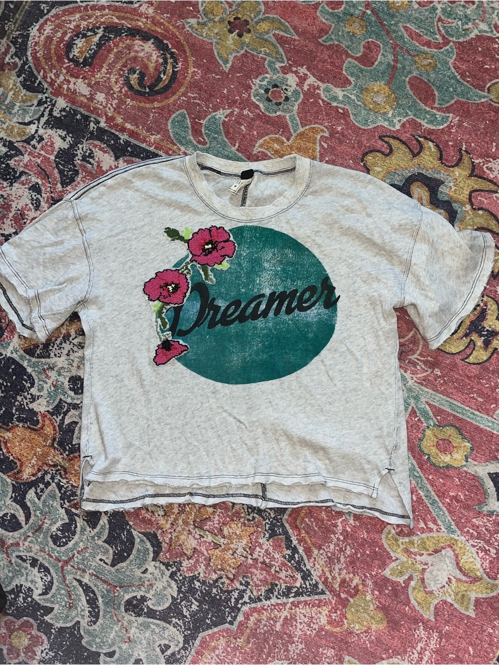 Free People Gray Crop Tee with Teal Circle & Pink Floral
